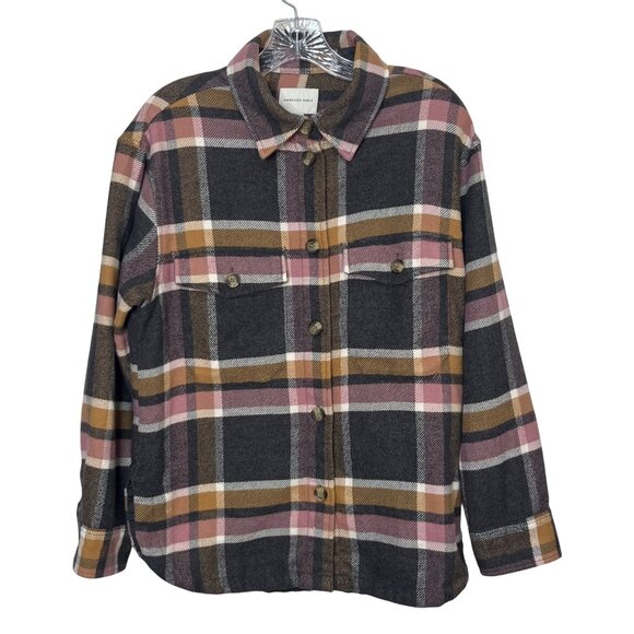 American Eagle Flannel Shacket Shirt Womens XS Gray Pink Plaid Button Up - Picture 1 of 8